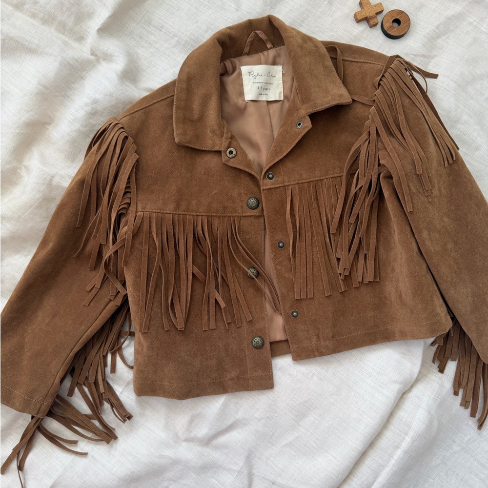 Rylee + Cru Girls Brown Fringe Suede Jacket
